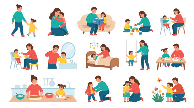 Flat Design Illustration Set: Parents and Children Daily Activities, Family Life and Parenting