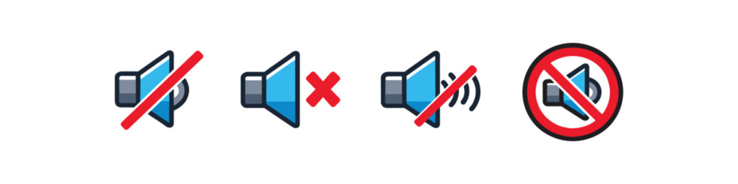 Collection of four speaker icons indicating silent or muted audio status with red prohibition signs