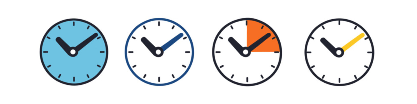 Four different clock faces showing various times and styles for timekeeping concepts