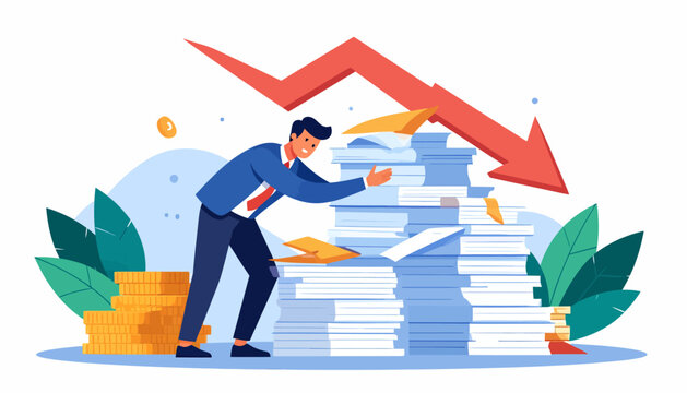 Man struggling with a huge pile of paperwork and a downward trending graph symbolizing financial loss or business failure