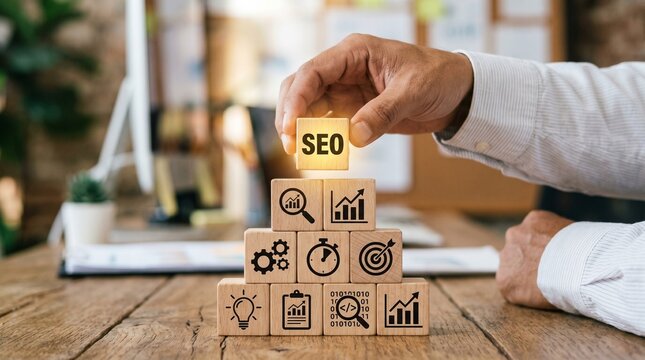 SEO Strategy Concept with Hand Placing Wooden Block on Stack