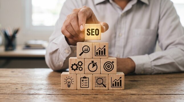 SEO Strategy Concept with Hand Placing Wooden Block on Stack