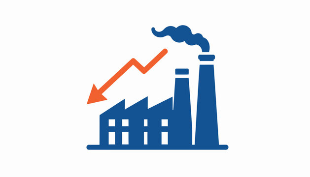 Industrial decline and economic downturn depicted by a factory with a downward trending arrow symbolising reduced production and financial recession