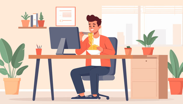 Man enjoying a meal at his desk while working on a computer in a home office environment