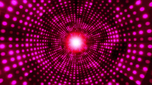 Abstract pink led dot tunnel background, glowing circular light pattern loop, retro disco stage motion graphics, futuristic shining portal for music concert and cinematic intro. 4k video