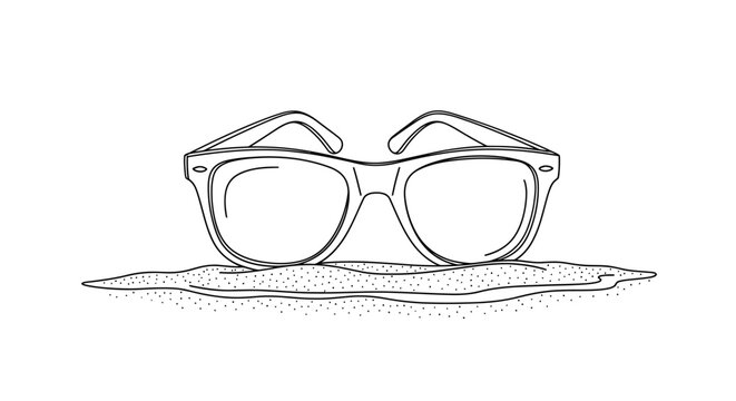 A detailed line drawing of kaca mata glasses resting on a cloth against a clean white background with simple shading.