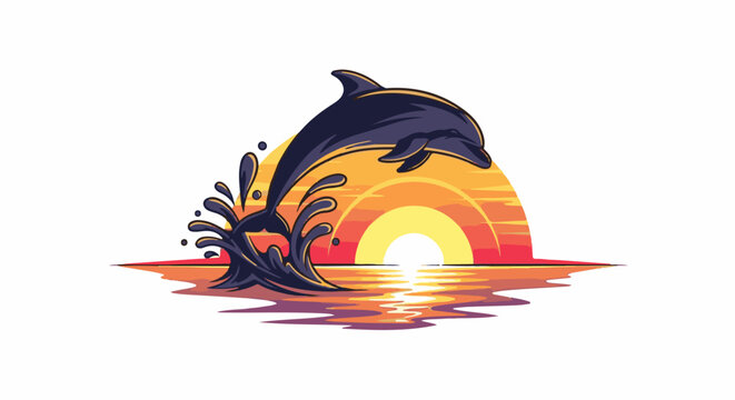 A dark dolphin leaps from splashing water against a vibrant sunset