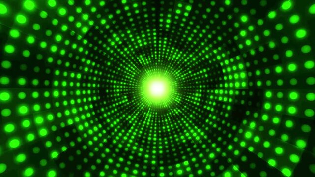 Abstract green led dot tunnel animation, glowing circular light pattern loop, retro disco stage background motion graphics, futuristic shining portal for concert and festive event. 4k video