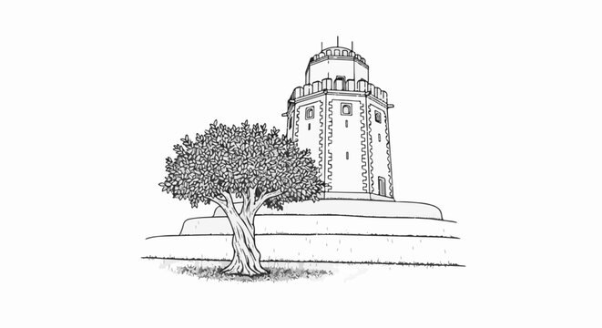 A detailed sketch of a circular tower structure with a large leafy tree