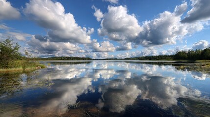 Obraz premium Sky Reflections: A picturesque scene unfolds as the tranquil water mirror the vast, cloud-filled sky, creating a beautiful display of nature's artistry. 