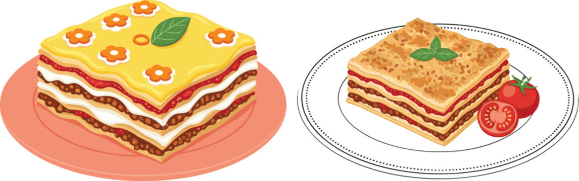 Lasagna food illustration set with layered pasta slices cheese tomato sauce and baked italian dish for restaurant menu cooking and culinary design
