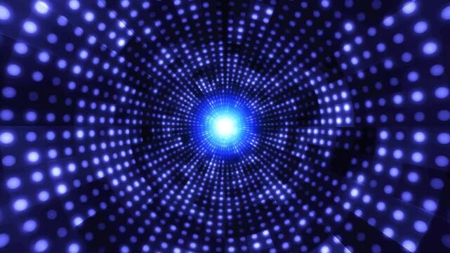 Retro disco blue led tunnel background, glowing circular dot pattern loop, abstract stage light motion graphics, futuristic shining portal for music performance and party video intro. 4k video