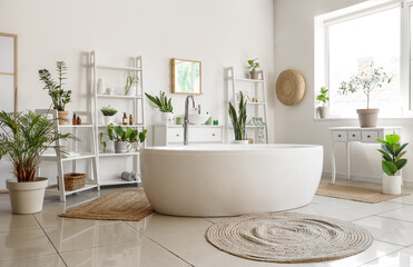 Fototapeta premium Interior of light bathroom with shelving units, bathtub and houseplants