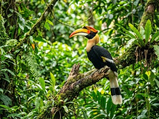 Obraz premium Hornbill with large beak in jungle vibrant colors wildlife scene