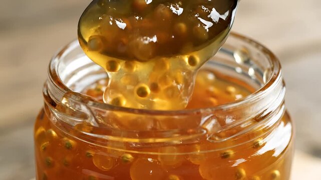 Closeup of delicious homemade gooseberry jam in a glass jar with a spoon.