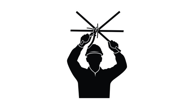 Black silhouette of an industrial worker repairing electrical wires.