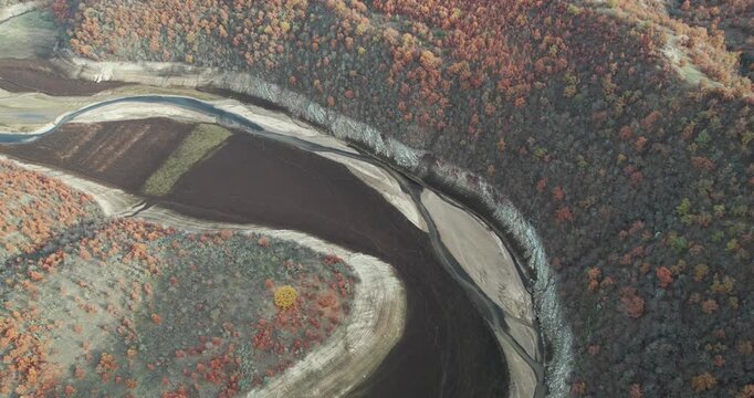 Drought dry season aerial landscape of dried lake and river