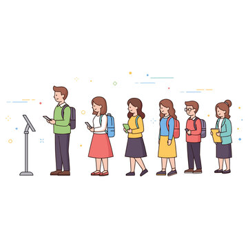 Group of diverse cartoon characters queuing with phones and backpacks