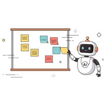Cute robot organizing colorful sticky notes on whiteboard