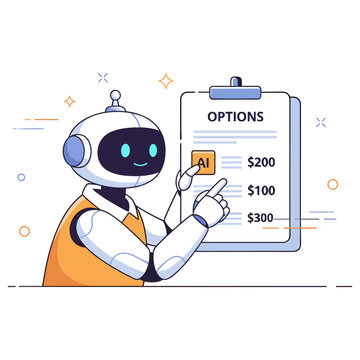 Cartoon robot presenting ai pricing options on clipboard