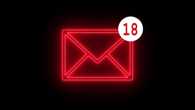 message count concept video on black background, neon glowing email notification counter with envelope icon and unread badge on dark background loop animation 4k video.