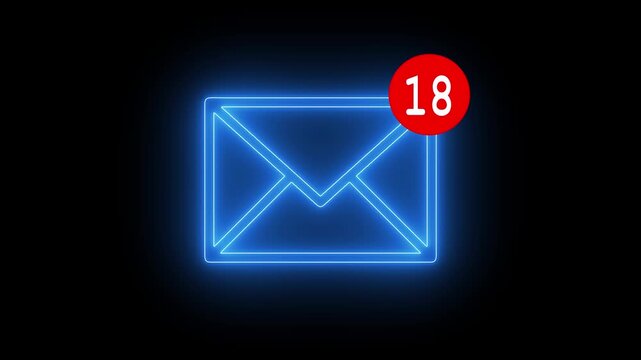 message count concept video on black background, neon glowing email notification counter with envelope icon and unread badge on dark background loop animation 4k video.