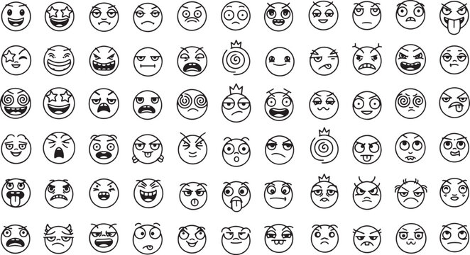 Collection of 90 unique hand-drawn outline cartoon emoji icons, showcasing diverse emotions and characters