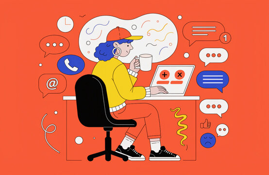 Young person working on laptop at desk with chat icons