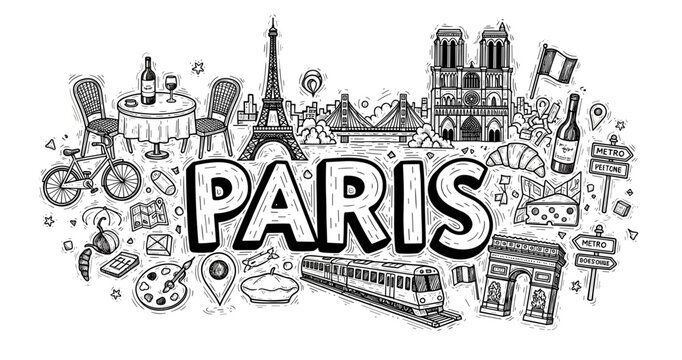 Paris landmarks and culture: eiffel tower, notre dame, croissant, wine, art, cityscape