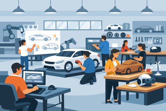 Modern industrial design studio with a team of engineers working on automotive prototypes, car product development, CAD modeling, and clay sculpting in a collaborative flat vector workspace.
