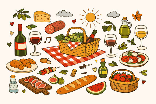 Picnic Food and Drink Dolce Vita Doodle Set with Wine Bottle, Wineglass, Baguette, Outdoor Summer Elements, Grapes, Cheese, Salami, Strawberries, Caprese Salad, Watermelon, and Picnic Basket Vector.