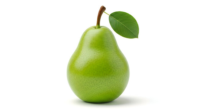 A single green pear with a stem and leaf on a white background