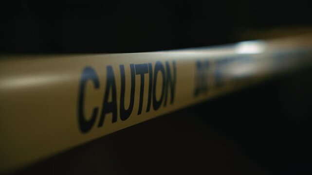 Yellow caution tape at night restricting access to dangerous area creating atmosphere of risk safety and access control during dark nighttime environment