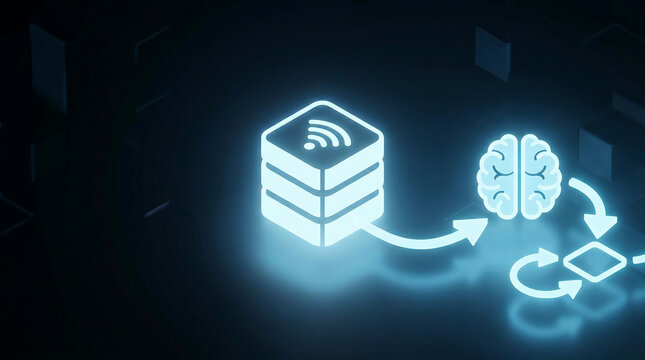 Glowing neon server and artificial intelligence icons connected by flowing digital data arrows representing cloud computing connectivity and advanced machine learning