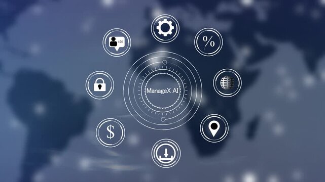 Digital network of representing business analytics and global connectivity with a blurred map background in shades of blue and white