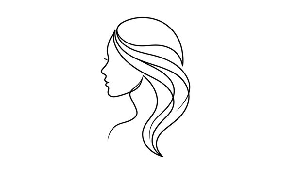Minimalist continuous line drawing of a woman profile with long flowing hair Vector line art