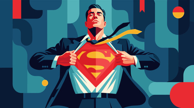 Man revealing superhero emblem in abstract office background