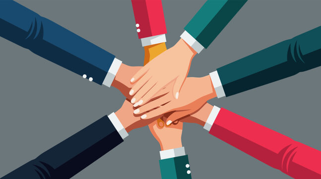 Business team joining hands to show unity in teamwork circle