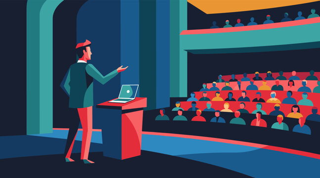 Speaker presenting to audience in auditorium with podium