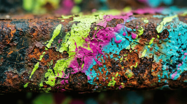 A close up view shows a metal surface covered in layers of colorful paint with rust
