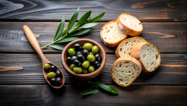 Rustic bowl of mixed olives and sliced bread on wooden table.