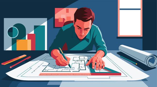 Architect drawing architectural blueprint at drafting table office