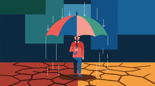 Person holding umbrella on cracked ground with patchy rain