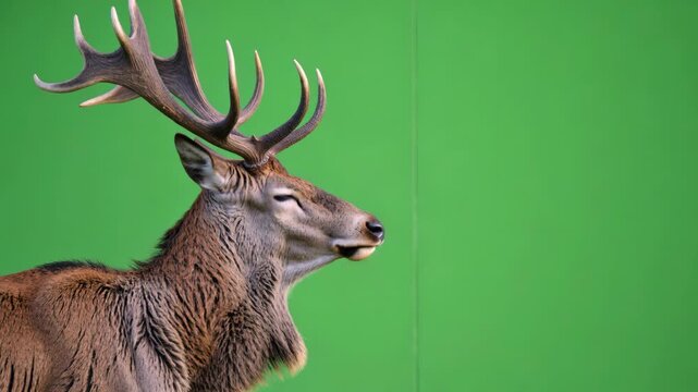 Red Deer Stag with Large Antlers on Green Screen Background