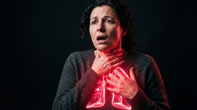 Woman touching throat and chest because of respiratory pain. Concept of pulmonary disease or lung infection. Medical illustration of internal health problem for healthcare diagnosis.