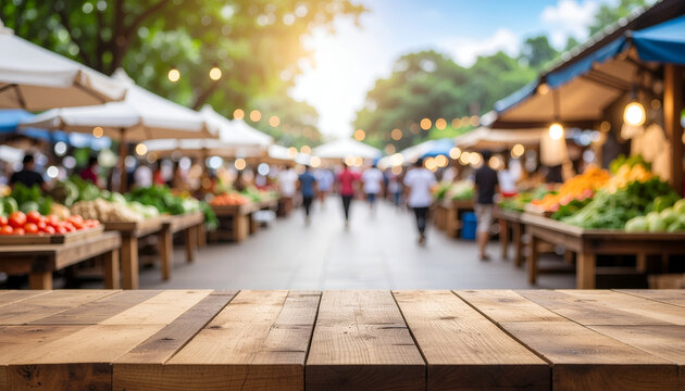 Empty wooden table with blurred outdoor farmers market background.