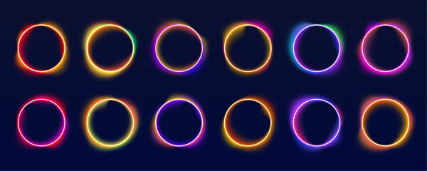 Neon ring glows with smooth gradient transitions. Light particles drift across dark abstract space. PNG futuristic circle design element set. © Extrastock