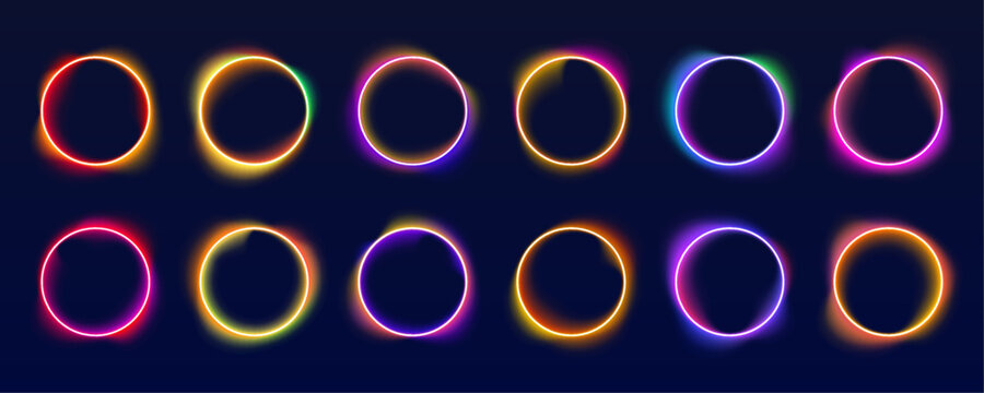 Neon ring glows with smooth gradient transitions. Light particles drift across dark abstract space. PNG futuristic circle design element set.