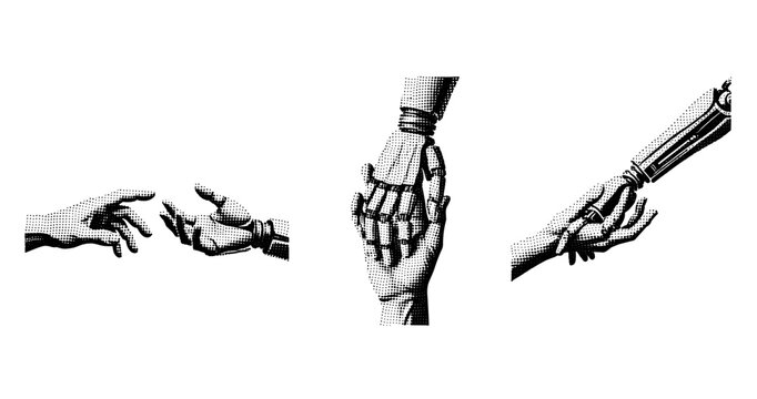 Human and robotic hands touching and holding in halftone composition. not ideal dots
