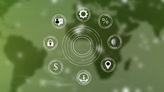 Circular array of business symbolizing digital services and global operations against a blurred green map background with light accents